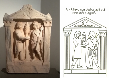 Relief drawing from the tactile book of the stele with dedication to the gods Malakbêl and Aglibôl and photo of the work.