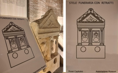 Pannello in sala e disegno a rilievo dal libro tattile della stele votiva con i ritratti dei servi di Sulpicio Galba
