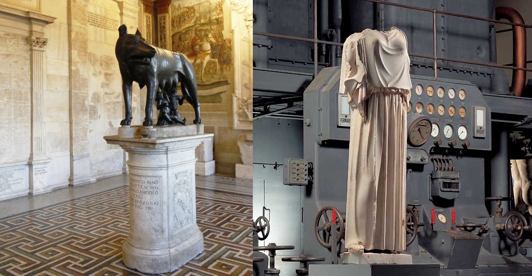 a sx La Lupa (Musei Capitolini) - a dx Statua vestita di peplo davanti a motore diesel (Centrale Montemartini)