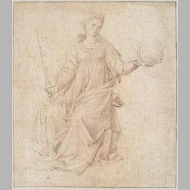 Seguace del B. Angelico, Giustizia. 1440 c., disegno a penna, inchiostro bruno e acquerello su carta; cm. 19,3 x 17 cm. New York, Metropolitan Museum of Art, Lehman Collection, inv. 1975.1.264