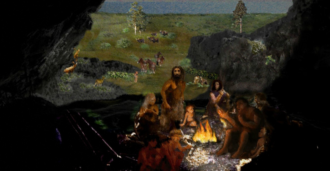 Una scena di vita neandertaliana intorno al fuoco Una scena di vita neandertaliana intorno al fuoco