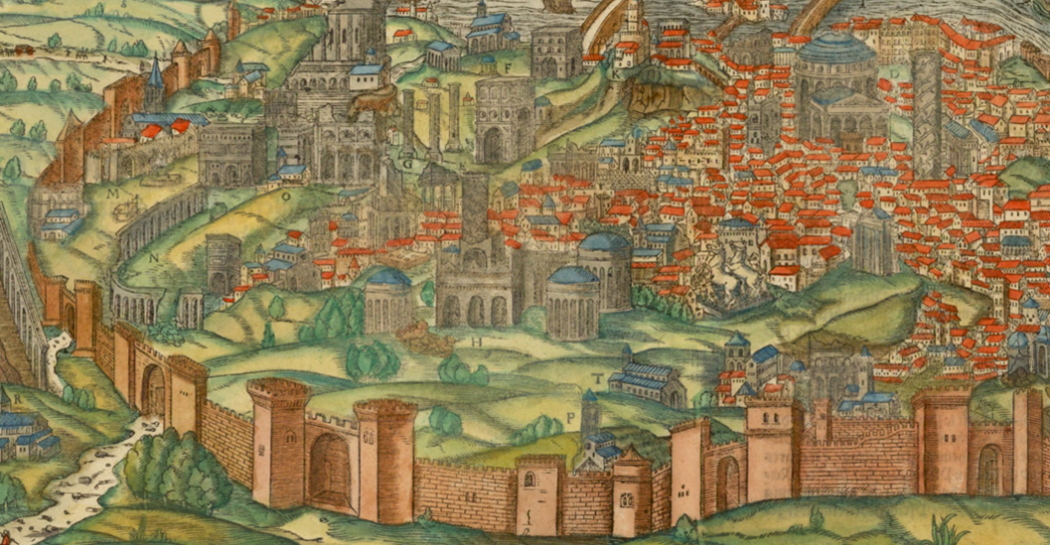 Veduta di Roma antica, dalla Cosmographia di Sebastian Münster Veduta di Roma antica, dalla Cosmographia di Sebastian Münster
