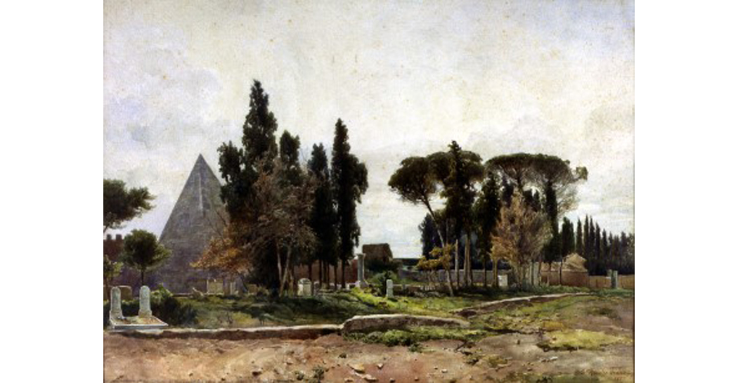 Ettore Roesler Franz, L’Antico Cemeterio Protestante, a sinistra la Piramide Sepolcrale di Caio Cestio, 1887, acquerello su carta, Roma, Museo di Roma in Trastevere Ettore Roesler Franz, L’Antico Cemeterio Protestante, a sinistra la Piramide Sepolcrale di Caio Cestio, 1887, acquerello su carta, Roma, Museo di Roma in Trastevere