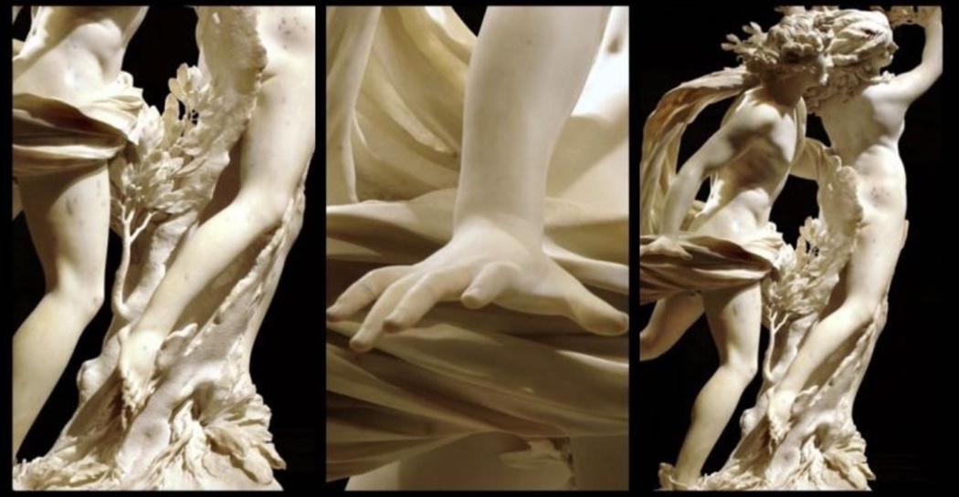 Frame dal video cortometraggio APOLLO & DAPHNE RELOADED IN THE 4th DIMENSION di Umberto Mojmir Ježek (dettagli di Gianlorenzo Bernini, Apollo e Dafne, scultura in marmo, Galleria Borghese)