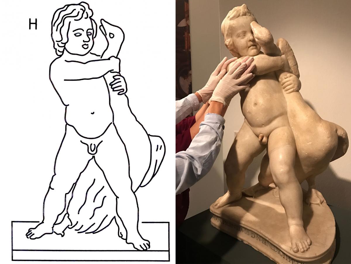 Dessin en relief tiré du livre tactile de la statue du Garçon en train de suffoquer l'oie et détail d'un examen tactile de l'oeuvre