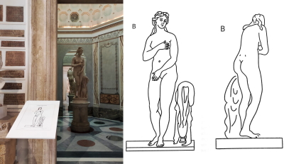 Panel in the hall and relief drawing (front and back) of the Capitoline Venus