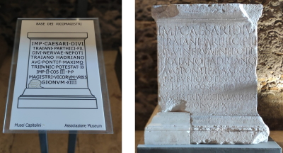 Panneau en relief en sel de la base d'une statue dédiée par les Vicomagistri à l'empereur Hadrien et photo de l'œuvre.