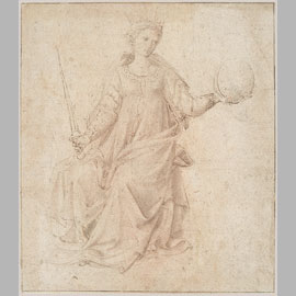 Seguace del B. Angelico, Giustizia. 1440 c., disegno a penna, inchiostro bruno e acquerello su carta; cm. 19,3 x 17 cm. New York, Metropolitan Museum of Art, Lehman Collection, inv. 1975.1.264