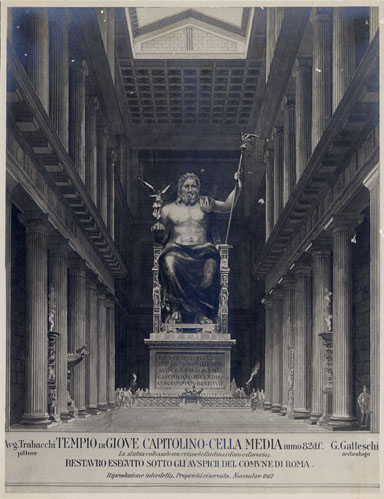 Fotografo non identificato, Ricostruzione della cella media del tempio di Giove Capitolino da un disegno a tempera di Augusto Trabacchi su indicazioni di Giuseppe Gatteschi novembre 1917  Gelatina bromuro d’argento - Museo di Roma, Archivio Fotografico
