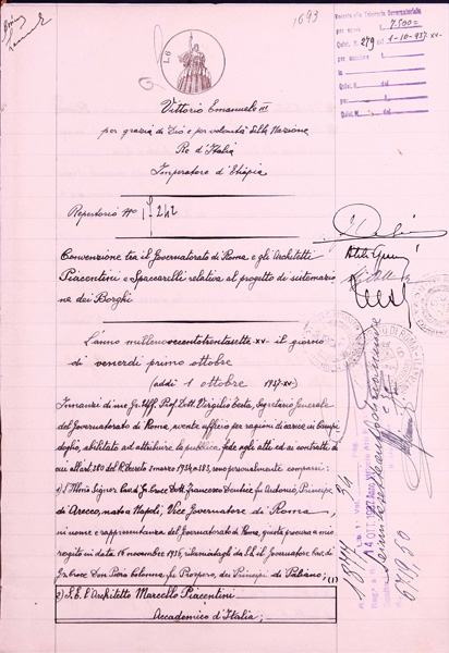 Convenzione tra il Governatorato di Roma e gli architetti Piacentini e Spaccarelli relativa al progetto di sistemazione dei Borghi. Primo ottobre 1937. Roma, Archivio Storico Capitolino, Fondo Contratti Atti Pubblici, 1 ottobre 1937