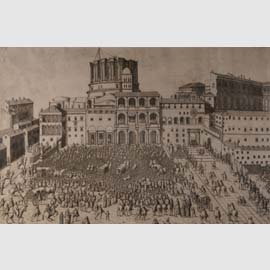 Anonimo del XVI sec. Antonio Lafréry editore, La benedizione papale in Piazza San Pietro, Anzio, Biblioteca Clementina 