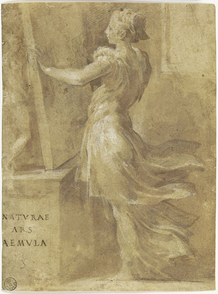 Francesco Mazzola detto il Parmigianino,  Figura femminile in piedi in atto di dipingere (Allegoria della Pittura) - Penna e inchiostro, pennello e inchiostro diluito, biacca (carbonato basico di piombo), pietra nera, carta beige - Firenze, Gabinetto Disegni e Stampe degli Uffizi