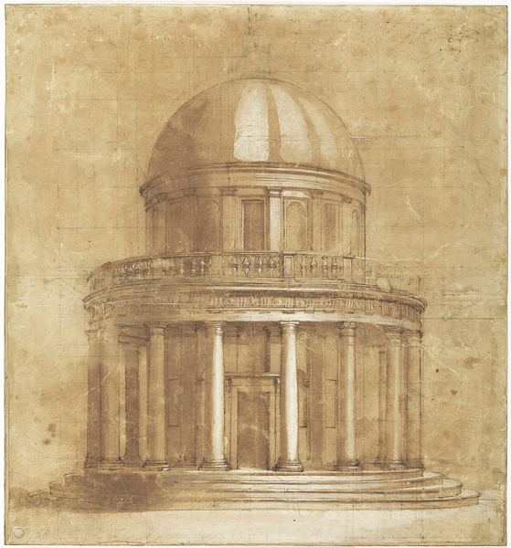 Federico Barocci, Tempietto di San Pietro in Montorio - Penna e inchiostro, pennello e inchiostro diluito, biacca (carbonato basico di piombo), pietra nera, tracce di stilo, quadrettatura a pietra nera, carta tinteggiata con colore marroncino -  Firenze, Gabinetto Disegni e Stampe degli Uffizi