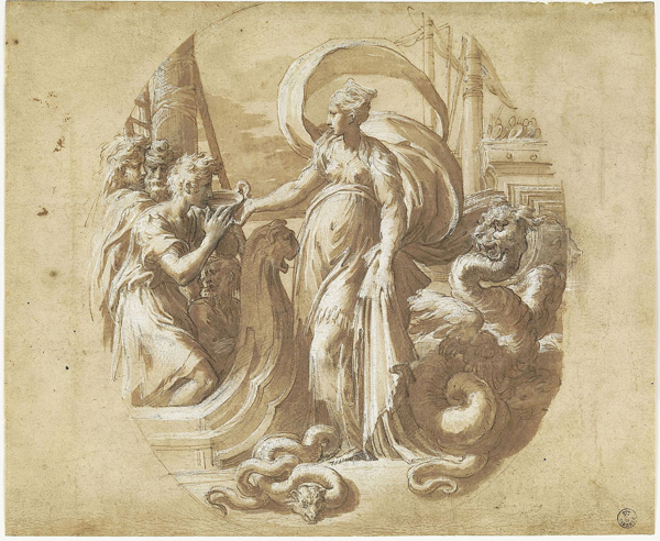Francesco Mazzola detto il Parmigianino, Circe porge da bere ai compagni di Ulisse - Penna e inchiostro, pennello e inchiostro diluito, biacca (carbonato basico di piombo) parzialmente ossidata, pietra nera, carta - Firenze, Gabinetto Disegni e Stampe degli Uffizi