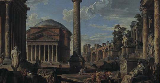 Giovanni Paolo Panini, Capriccio con il Pantheon, statue e figure (1739)