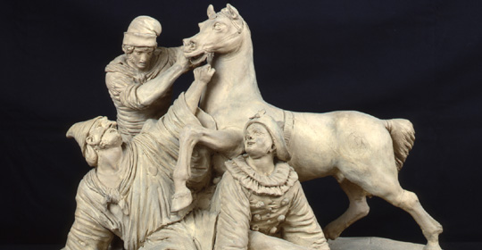 Achille Pinelli (Roma 1809 - Napoli 1841), Barbero, barbaresco e maschere, 1835, terracotta, particolare