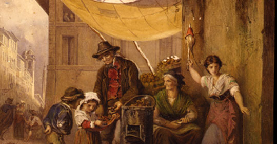 Arnoldo Corrodi (1846 - 1874), Caldarrostaro a via Sistina, 1867, olio su tela, particolare