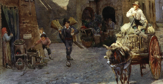 Ettore Roeler Franz, Abitazioni medievali e Palazzo Mattei nella via Transtiberina, ora Longaretta, presso il Ponte Cestio, 1882, acquerello, particolare