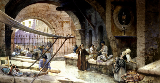 Ettore Roesler Franz, I venditori di pesce al Portico d'Ottavia, 1880, acquerello, particolare