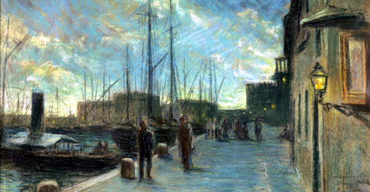 Falena, Veduta di un porto, Studio Trilussa, pastello su carta, particolare