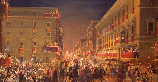 Ippolito Caffi (Belluno 1809-Lissa 1866)  I moccoletti al Corso, 1845-1847 c.a, tempera su carta, particolare