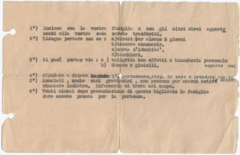 Biglietto consegnato alle famiglie ebraiche la mattina del 16 ottobre 1943 Roma, Museo Ebraico di Roma