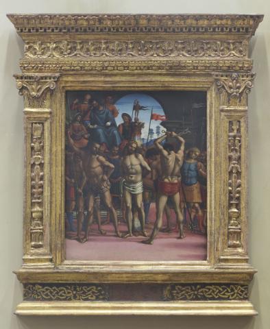 Luca Signorelli, Flagellazione (e cornice a edicola), fine secolo XV, legno intagliato e dorato dipinto a olio su tavola con cornice a edicola. Polo Museale del Veneto - Galleria Giorgio Franchetti alla Ca’ d’Oro. Su concessione del Ministero per i Beni e le Attività Culturali