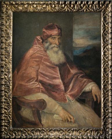 Tiziano Vecellio (Pieve di Cadore, 1488/1490 - Venezia, 1576) Ritratto di Paolo III con camauro 1545-1546 circa