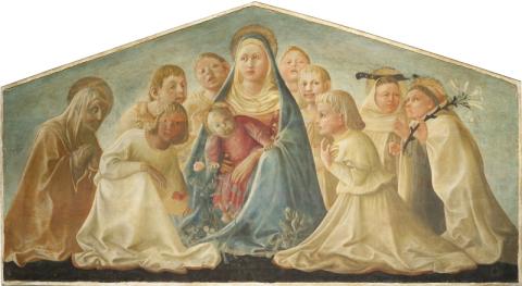 Filippo Lippi, Madonna dell'Umiltà con angeli e santi carmelitani, ca. 1429-1432, tempera su tavola trasportata su tela,cm 62 x 167,5 Milano, Pinacoteca del Castello Sforzesco, © Comune di Milano / Beccaria 2012