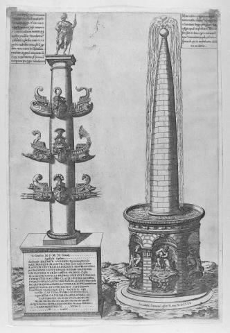 4. Antonio Lafreri, Colonna rostrata di Caio Duilio e Meta Sudans, incisione, 1575, Roma, Museo di Roma, inv. MR 2182, © Sovrintendenza Capitolina ai Beni Culturali, Museo di Roma