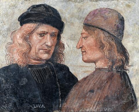 Luca Signorelli (attribuito), Autoritratto e ritratto di ser Niccolò di Angelo (Franchi), recto, 1504 ca., affresco su lastra in laterizio, Orvieto, Museo dell’Opera del Duomo