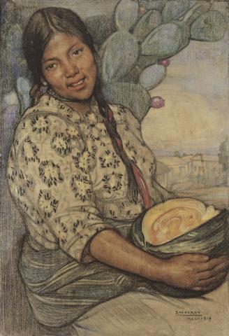 Saturnino Herrán (1887-1918) Joven con calabaza Ragazza con zucca 1917 matite colorate su carta, 57 x 39 cm Città del Messico, Colección Andrés Blaisten, inv. SHe004 Saturnino Herrán (1887-1918) Joven con calabaza Ragazza con zucca 1917 matite colorate su carta, 57 x 39 cm Città del Messico, Colección Andrés Blaisten, inv. SHe004