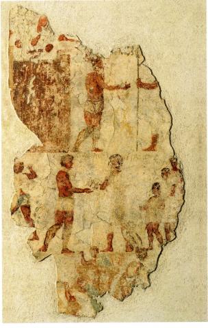 6. Frammento di affresco con scene militari. Roma, intonaco dipinto, III sec. a.C.  Esquilino, necropoli. Inv. S 1025, Musei Capitolini, Centrale Montemartini, © Sovrintendenza Capitolina ai Beni Culturali, Musei Capitolini