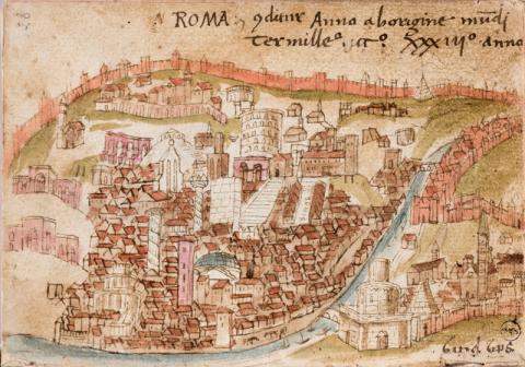 Anonimo, Veduta di Roma, miniatura su carta, metà del secolo XV, Torino, Biblioteca Reale, ms. 102, Varia, fol 28 r