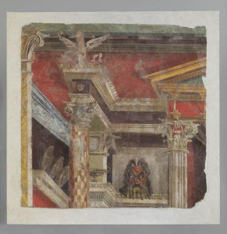 “Frammento di decorazione parietale ad affresco: prospettiva architettonica e maschera teatrale”, ca. 50-30 a.C., secondo stile pompeiano, h cm 86,2, largh cm 86,5 – Antiquarium di Boscoreale (NA) - Parco Archeologico di Pompei