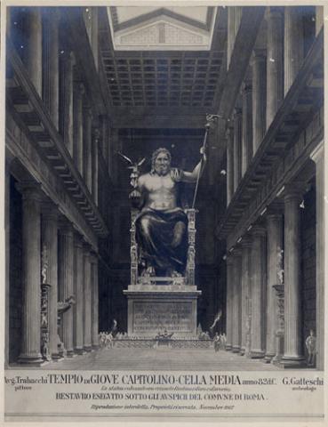 Fotografo non identificato, Ricostruzione della cella media del tempio di Giove Capitolino da un disegno a tempera di Augusto Trabacchi su indicazioni di Giuseppe Gatteschi novembre 1917  Gelatina bromuro d’argento - Museo di Roma, Archivio Fotografico