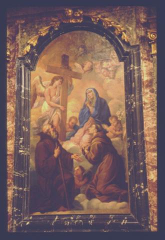 Ubaldo Ricci, olio su tela, Madonna Addolorata con San Francesco di Paola e San'Antonio di Padova, Chiesa di Santa Maria Assunta di Cossignano