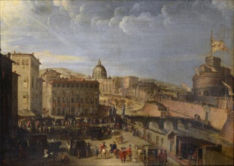 Ignoto pittore fiammingo. Corteo papale a Ponte Sant'Angelo. 1646-1656. Olio su tela  Roma, Museo di Roma (inv. dep PV 117), in deposito dal Museo di Palazzo Venezia