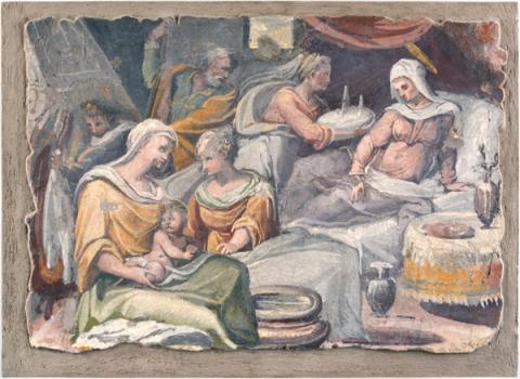 Autore non identificato. Nascita della Vergine, 1600 ca. Dipinto murale. Dalle demolizioni della Chiesa di San Giacomo a Scossacavalli (primavera 1937). Roma, Museo di Roma (inv. MR 1649)