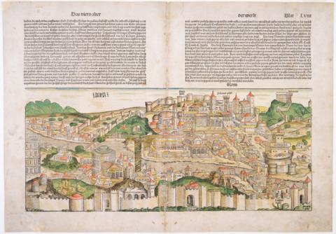 Michel Wolgemut (1434-1519), Wialhelm Pleydenwurff (1460-1494). Pianta di Roma a volo d’uccello, 1493. Xilografia acquerellata. Roma, Museo di Roma (inv. MR 16921)