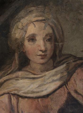 Autore non identificato. Sibilla Persica (particolare del volto della Sibilla) 1600 ca. Dipinto murale. Dalle demolizioni della Chiesa di San Giacomo a Scossacavalli (primavera 1937). Roma, Museo di Roma (inv. MR 43761)