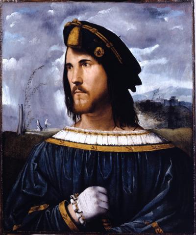 Altobello Melone (Cremona 1490/91 – Cremona ante 1543) Ritratto di gentiluomo (Cesare Borgia?), c. 1513 - olio su tavola, cm 58.1 x 48.2 - Bergamo, Accademia Carrara, inv. 81 LC 00157