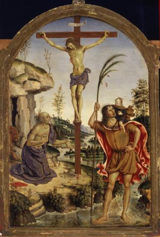 Bernardino di Betto, detto Pintoricchio (Perugia c. 1454 – Siena 1513) Crocifisso tra i Santi Girolamo e Cristoforo, c. 1477 - olio su tavola, cm 59 x 44 - Roma, Galleria Borghese, inv. 377