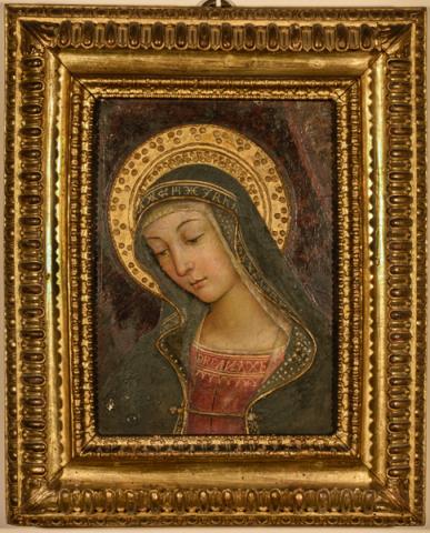 Bernardino di Betto, detto Pintoricchio (Perugia c. 1454 – Siena 1513) Madonna, frammento della distrutta Investitura divina di Alessandro VI, c. 1492-1493 - dipinto murario entro cornice seicentesca, cm 39,5 x 28, 5 x 5  - Collezione privata