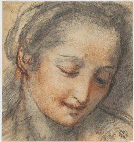 Federico Barocci, Testa di giovane donna con lo sguardo rivolto verso il basso - Carboncino, pietra rossa, carta - Firenze, Gabinetto Disegni e Stampe degli Uffizi