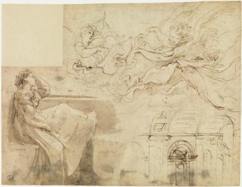 Raffaello Sanzio, Giovane donna seduta e altri studi, di figura e architettonici - Penna e inchiostro, pennello e inchiostro diluito, carta - Firenze, Gabinetto Disegni e Stampe degli Uffizi