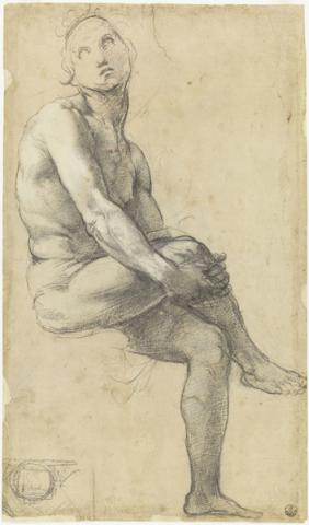 Raffaello Sanzio, Studio per Adamo nella Disputa del Sacramento, schizzo architettonico - Pietra nera, biacca (carbonato basico di piombo), carta - Firenze, Gabinetto Disegni e Stampe degli Uffizi