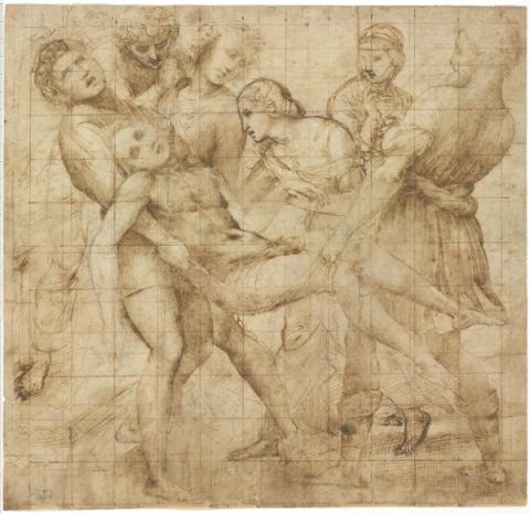 Raffaello Sanzio, Studio compositivo per la ‘Deposizione’ (Roma, Galleria Borghese) - Penna e inchiostro, quadrettatura a penna, quadrettatura a pietra rossa, tracce di pietra nera, parziale puntinatura, carta - Firenze, Gabinetto Disegni e Stampe degli Uffizi