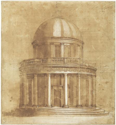 Federico Barocci, Tempietto di San Pietro in Montorio - Penna e inchiostro, pennello e inchiostro diluito, biacca (carbonato basico di piombo), pietra nera, tracce di stilo, quadrettatura a pietra nera, carta tinteggiata con colore marroncino -  Firenze, Gabinetto Disegni e Stampe degli Uffizi