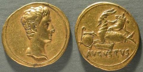 Moneta (aureo) di Augusto: testa di Augusto e capricorno